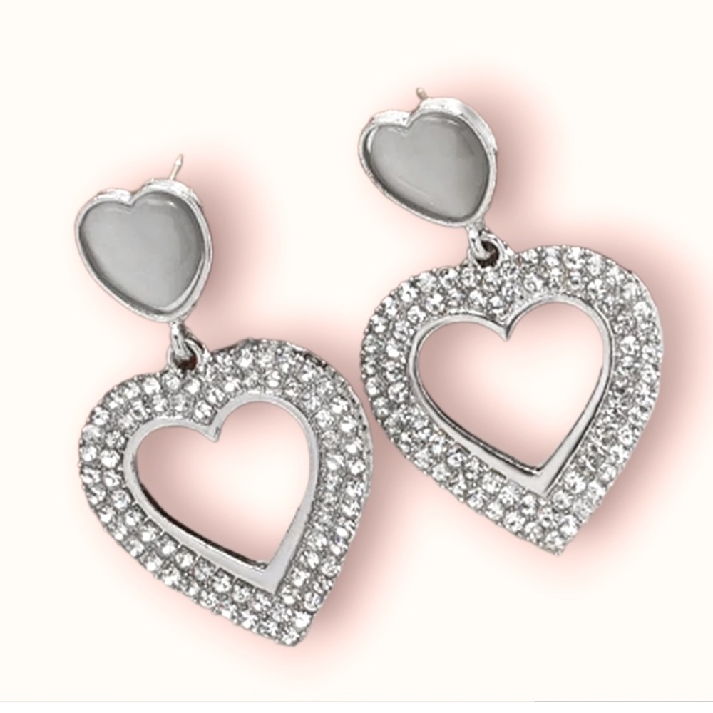 rhinestone studded dangling heart earrings new in package